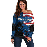 BMX Life Graphic Off Shoulder Sweater with American Flag and Custom Rider Number Design - Wonder Print Shop
