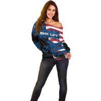 BMX Life Graphic Off Shoulder Sweater with American Flag and Custom Rider Number Design - Wonder Print Shop