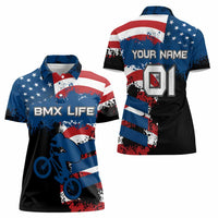 BMX Life Graphic Women Polo Shirt with American Flag and Custom Rider Number Design - Wonder Print Shop