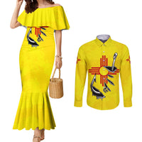 New Mexico Zia Symbol Fish Hook Couples Matching Mermaid Dress and Long Sleeve Button Shirt Torn Fishing Graphic and Custom Name Design - Wonder Print Shop
