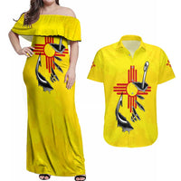 New Mexico Zia Symbol Fish Hook Couples Matching Off Shoulder Maxi Dress and Hawaiian Shirt Torn Fishing Graphic and Custom Name Design - Wonder Print Shop