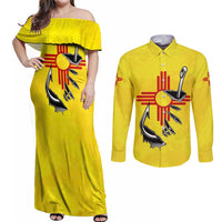 New Mexico Zia Symbol Fish Hook Couples Matching Off Shoulder Maxi Dress and Long Sleeve Button Shirt Torn Fishing Graphic and Custom Name Design - Wonder Print Shop