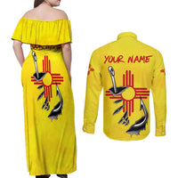New Mexico Zia Symbol Fish Hook Couples Matching Off Shoulder Maxi Dress and Long Sleeve Button Shirt Torn Fishing Graphic and Custom Name Design - Wonder Print Shop
