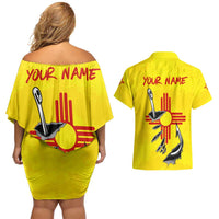 New Mexico Zia Symbol Fish Hook Couples Matching Off Shoulder Short Dress and Hawaiian Shirt Torn Fishing Graphic and Custom Name Design - Wonder Print Shop