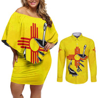 New Mexico Zia Symbol Fish Hook Couples Matching Off Shoulder Short Dress and Long Sleeve Button Shirt Torn Fishing Graphic and Custom Name Design - Wonder Print Shop