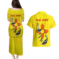 New Mexico Zia Symbol Fish Hook Couples Matching Puletasi and Hawaiian Shirt Torn Fishing Graphic and Custom Name Design - Wonder Print Shop