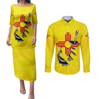 New Mexico Zia Symbol Fish Hook Couples Matching Puletasi and Long Sleeve Button Shirt Torn Fishing Graphic and Custom Name Design - Wonder Print Shop