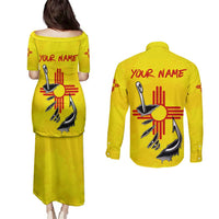 New Mexico Zia Symbol Fish Hook Couples Matching Puletasi and Long Sleeve Button Shirt Torn Fishing Graphic and Custom Name Design - Wonder Print Shop