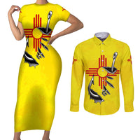 New Mexico Zia Symbol Fish Hook Couples Matching Short Sleeve Bodycon Dress and Long Sleeve Button Shirt Torn Fishing Graphic and Custom Name Design - Wonder Print Shop