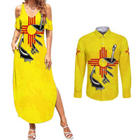 New Mexico Zia Symbol Fish Hook Couples Matching Summer Maxi Dress and Long Sleeve Button Shirt Torn Fishing Graphic and Custom Name Design - Wonder Print Shop