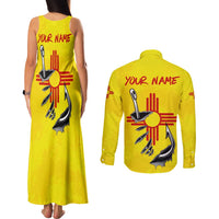 New Mexico Zia Symbol Fish Hook Couples Matching Tank Maxi Dress and Long Sleeve Button Shirt Torn Fishing Graphic and Custom Name Design - Wonder Print Shop