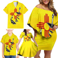 New Mexico Zia Symbol Fish Hook Family Matching Off Shoulder Short Dress and Hawaiian Shirt Torn Fishing Graphic and Custom Name Design - Wonder Print Shop