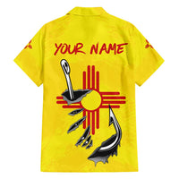 New Mexico Zia Symbol Fish Hook Family Matching Off Shoulder Short Dress and Hawaiian Shirt Torn Fishing Graphic and Custom Name Design - Wonder Print Shop