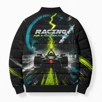 Electric Motorsport Racing Bomber Puffer Jacket Futuristic Formula Car Neon Lightning Speed Art