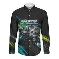 Electric Motorsport Racing Long Sleeve Button Shirt Futuristic Formula Car Neon Lightning Speed Art