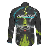 Electric Motorsport Racing Long Sleeve Button Shirt Futuristic Formula Car Neon Lightning Speed Art