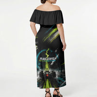 Electric Motorsport Racing Off Shoulder Maxi Dress Futuristic Formula Car Neon Lightning Speed Art