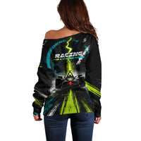 Electric Motorsport Racing Off Shoulder Sweater Futuristic Formula Car Neon Lightning Speed Art