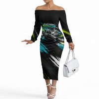 Electric Motorsport Racing Off The Shoulder Long Sleeve Dress Futuristic Formula Car Neon Lightning Speed Art