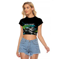 Electric Motorsport Racing Raglan Cropped T Shirt Futuristic Formula Car Neon Lightning Speed Art