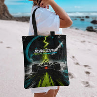 Electric Motorsport Racing Tote Bag Futuristic Formula Car Neon Lightning Speed Art