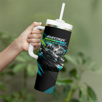 Electric Motorsport Racing Tumbler With Handle Futuristic Formula Car Neon Lightning Speed Art