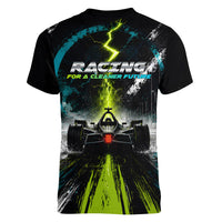 Electric Motorsport Racing Women V-Neck T-Shirt Futuristic Formula Car Neon Lightning Speed Art