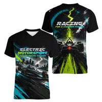 Electric Motorsport Racing Women V-Neck T-Shirt Futuristic Formula Car Neon Lightning Speed Art
