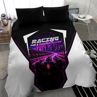 Electric Motorsport Racing Bedding Set Futuristic Neon Formula Race Car Skyline Art