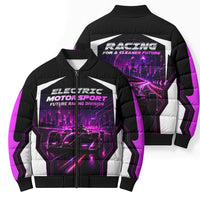 Electric Motorsport Racing Bomber Puffer Jacket Futuristic Neon Formula Race Car Skyline Art