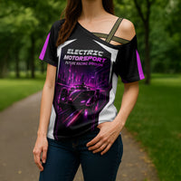 Electric Motorsport Racing Cross Shoulder Shirt Futuristic Neon Formula Race Car Skyline Art