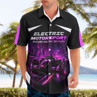 Electric Motorsport Racing Hawaiian Shirt Futuristic Neon Formula Race Car Skyline Art