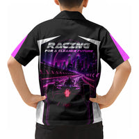Electric Motorsport Racing Kid Hawaiian Shirt Futuristic Neon Formula Race Car Skyline Art