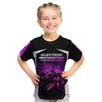 Electric Motorsport Racing Kid T Shirt Futuristic Neon Formula Race Car Skyline Art