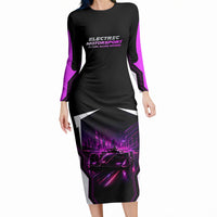 Electric Motorsport Racing Long Sleeve Bodycon Dress Futuristic Neon Formula Race Car Skyline Art