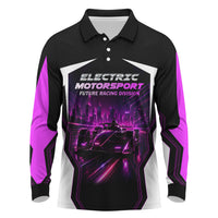 Electric Motorsport Racing Long Sleeve Polo Shirt Futuristic Neon Formula Race Car Skyline Art