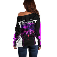 Electric Motorsport Racing Off Shoulder Sweater Futuristic Neon Formula Race Car Skyline Art