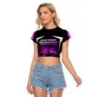 Electric Motorsport Racing Raglan Cropped T Shirt Futuristic Neon Formula Race Car Skyline Art