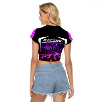 Electric Motorsport Racing Raglan Cropped T Shirt Futuristic Neon Formula Race Car Skyline Art