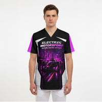 Electric Motorsport Racing Scrub Top Futuristic Neon Formula Race Car Skyline Art