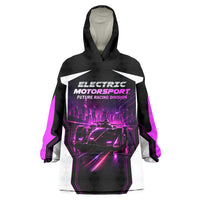 Electric Motorsport Racing Wearable Blanket Hoodie Futuristic Neon Formula Race Car Skyline Art
