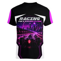 Electric Motorsport Racing Women V-Neck T-Shirt Futuristic Neon Formula Race Car Skyline Art