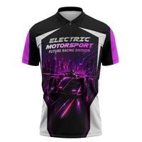 Electric Motorsport Racing Zipper Polo Shirt Futuristic Neon Formula Race Car Skyline Art