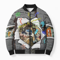 Cat Girl With A Pearl Earring Newspaper Bomber Puffer Jacket Made By Human Handmade Mixed Media Pop Art