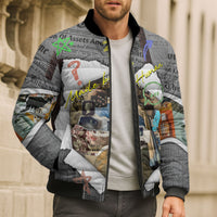 Cat Girl With A Pearl Earring Newspaper Bomber Puffer Jacket Made By Human Handmade Mixed Media Pop Art