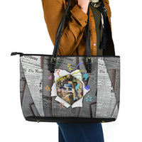 Cat Girl With A Pearl Earring Newspaper Leather Tote Bag Made By Human Handmade Mixed Media Pop Art