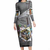 Cat Girl With A Pearl Earring Newspaper Long Sleeve Bodycon Dress Made By Human Handmade Mixed Media Pop Art