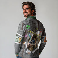 Cat Girl With A Pearl Earring Newspaper Long Sleeve Polo Shirt Made By Human Handmade Mixed Media Pop Art
