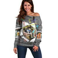 Cat Girl With A Pearl Earring Newspaper Off Shoulder Sweater Made By Human Handmade Mixed Media Pop Art