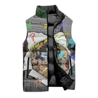 Cat Girl With A Pearl Earring Newspaper Sleeveless Puffer Jacket Made By Human Handmade Mixed Media Pop Art